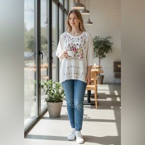 JOHNNY WAS Floral Embroidered Blouse - Cream, Red, Pink, Green, Small